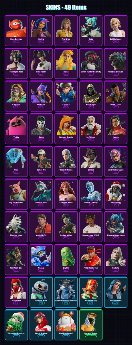 [PC/PSN] | Hero Baymax | Carina | The Bride | Jade | Cat Holloway | 49 skin | 103 pickaxe | 71 emote | 83 glider | Lv1311
