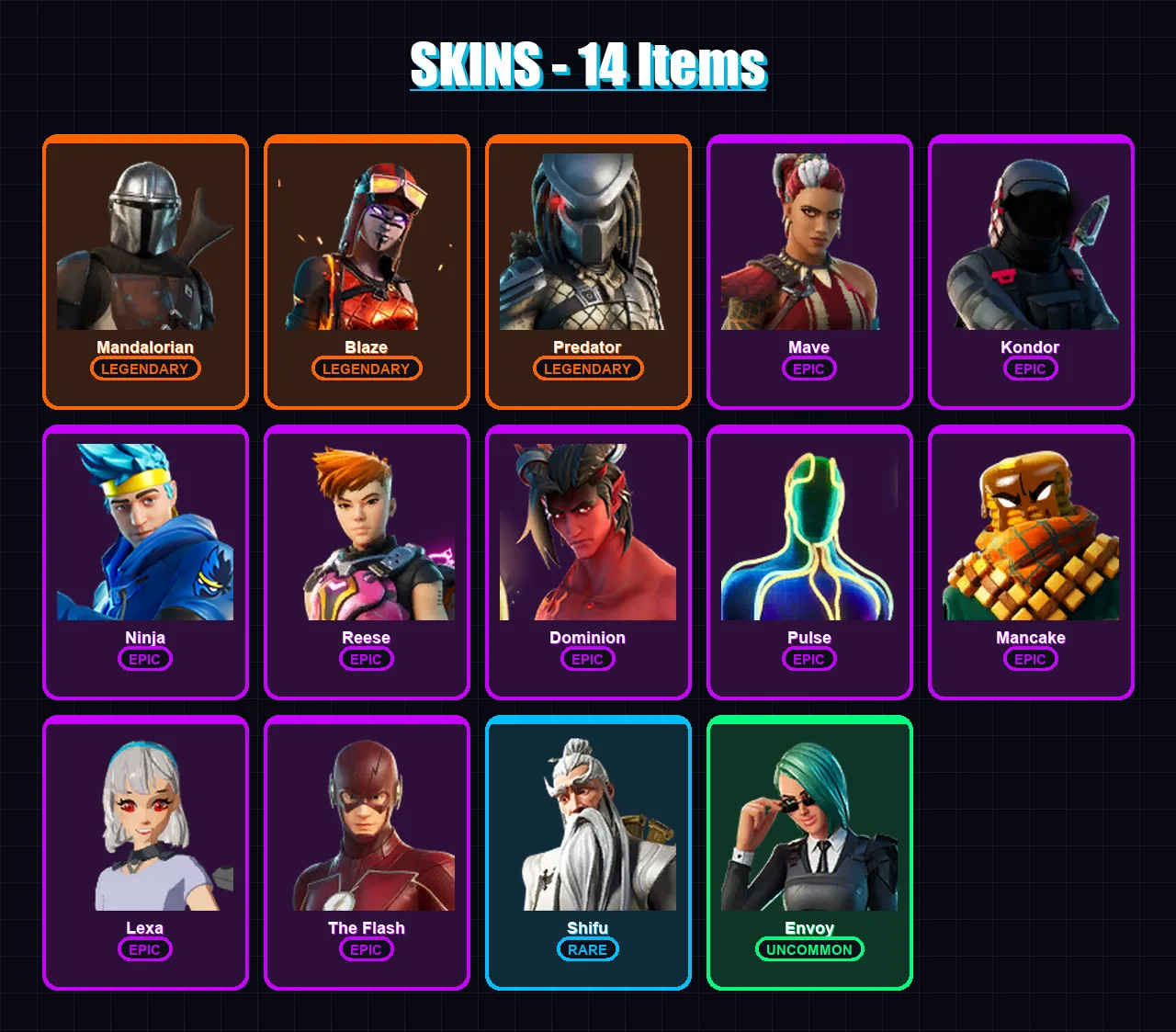 [PS4/PS5/XBOX/PC] | Mandalorian | Blaze | Predator | Mave | Kondor | 14 skin | 8 pickaxe | 16 emote | 10 glider | Lv95