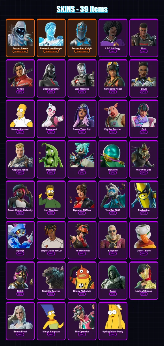 [PC/XBOX] | Frozen Raven | Frozen Love Ranger | Frozen Red Knight | LBC '93 Dogg | Rust | 39 skin | 53 pickaxe | 35 emote | 38 glider | Lv412