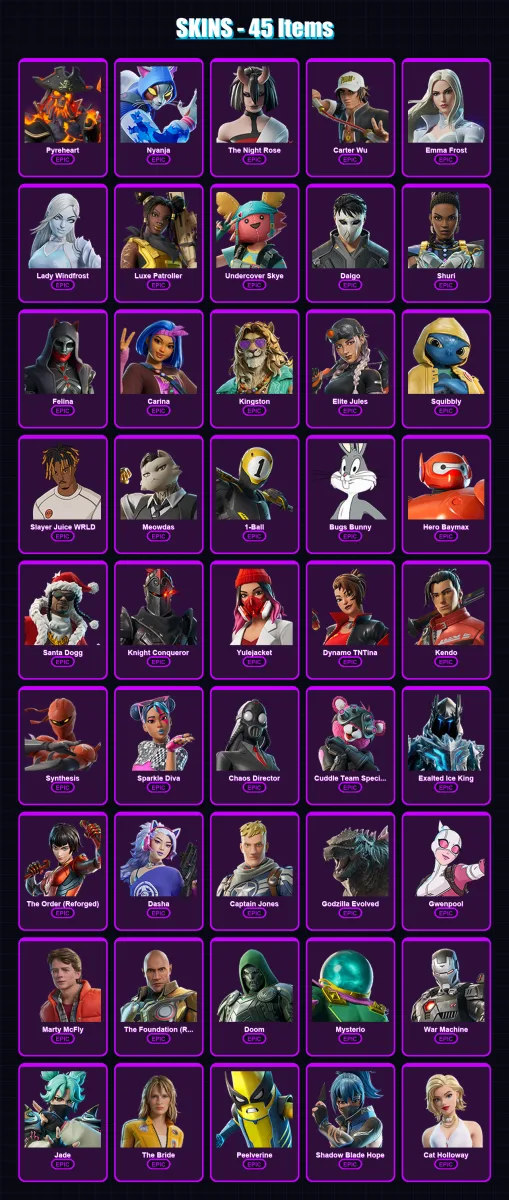 [PC/XBOX/PSN] | Pyreheart | Nyanja | The Night Rose | Carter Wu | Emma Frost | 45 skin | 80 pickaxe | 48 emote | 58 glider | Lv760