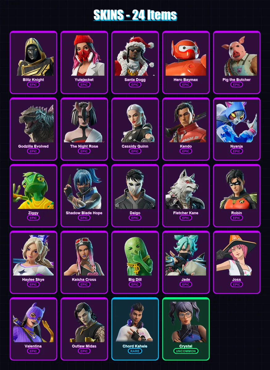 [PC/PSN] | Blitz Knight | Yulejacket | Santa Dogg | Hero Baymax | Pig the Butcher | 24 skin | 54 pickaxe | 33 emote | 41 glider | Lv475