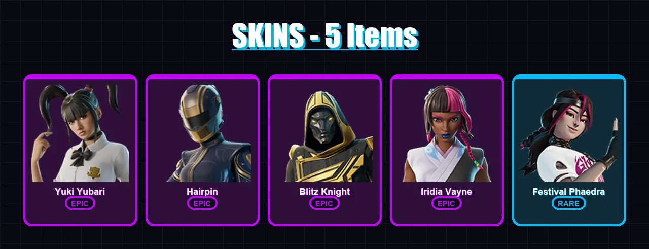 [PC/XBOX/PSN] | Yuki Yubari | Hairpin | Blitz Knight | Iridia Vayne | Festival Phaedra | 5 skin | 41 pickaxe | 16 emote | 26 glider | Lv509