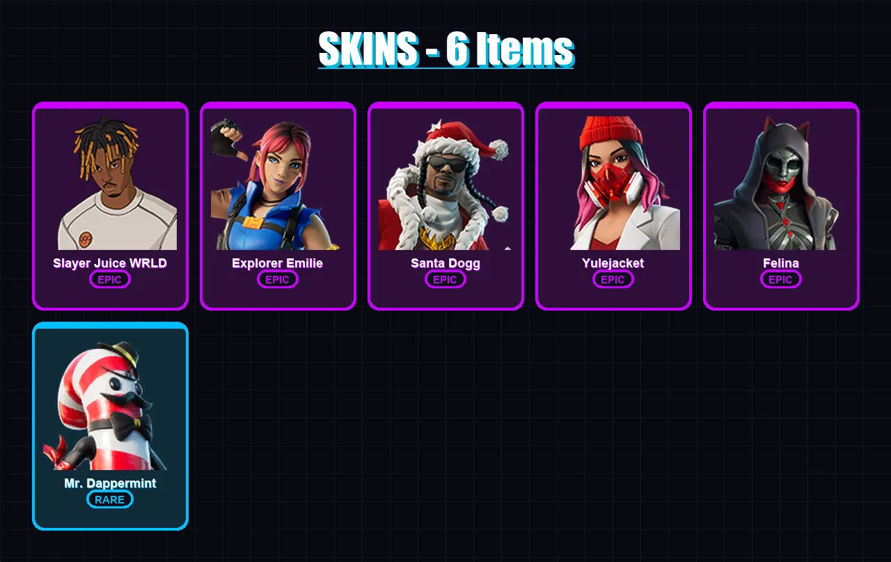 [PC/XBOX/PSN] | Slayer Juice WRLD | Explorer Emilie | Santa Dogg | Yulejacket | Felina | 6 skin | 19 pickaxe | 9 emote | 15 glider | Lv168