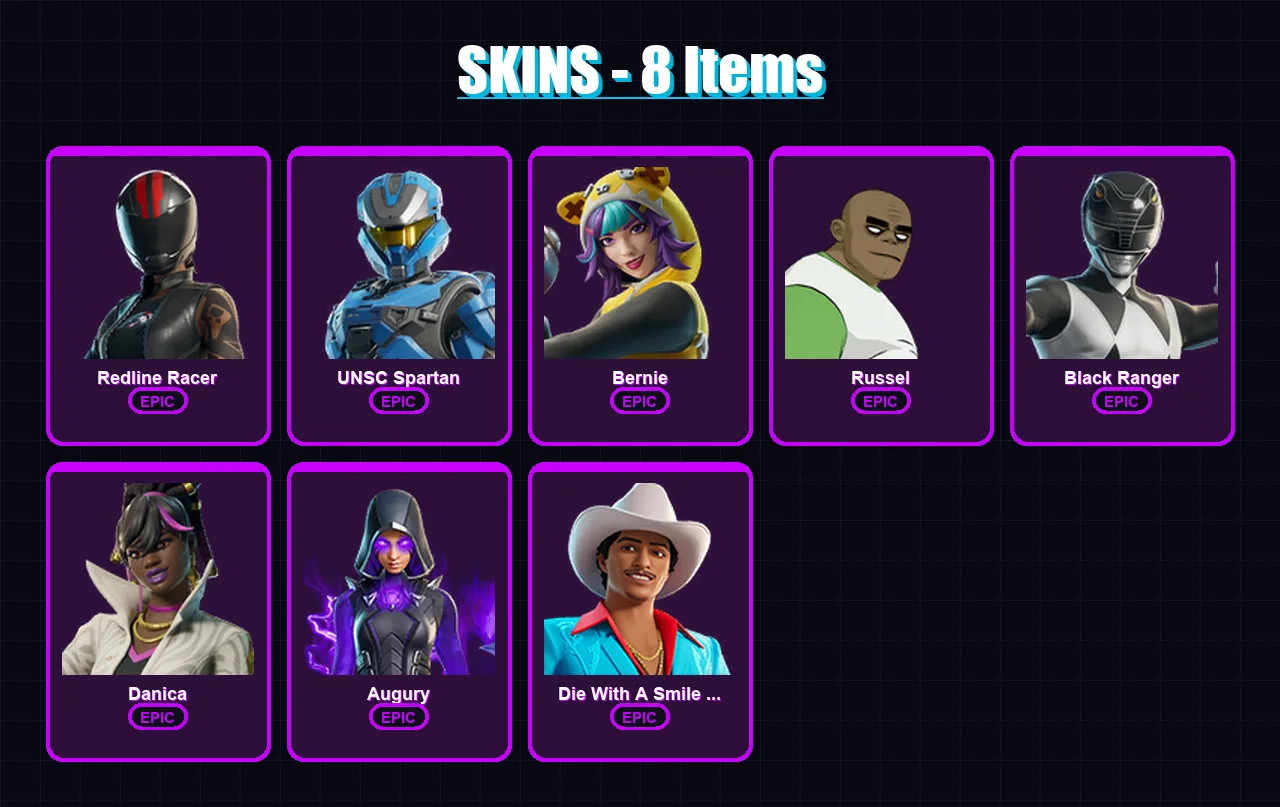 [PC/PSN] | Redline Racer | UNSC Spartan | Bernie | Russel | Black Ranger | 8 skin | 10 pickaxe | 7 emote | 7 glider | Lv73