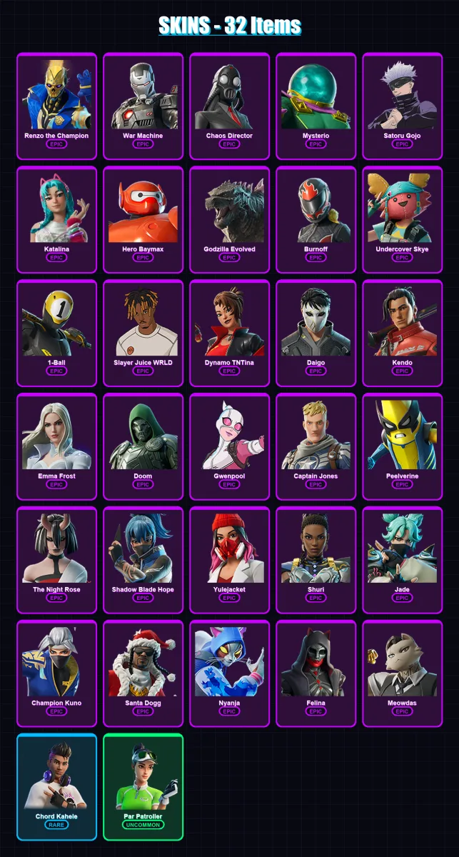 [PC] | Renzo the Champion | War Machine | Chaos Director | Mysterio | Satoru Gojo | 32 skin | 63 pickaxe | 48 emote | 41 glider | Lv776