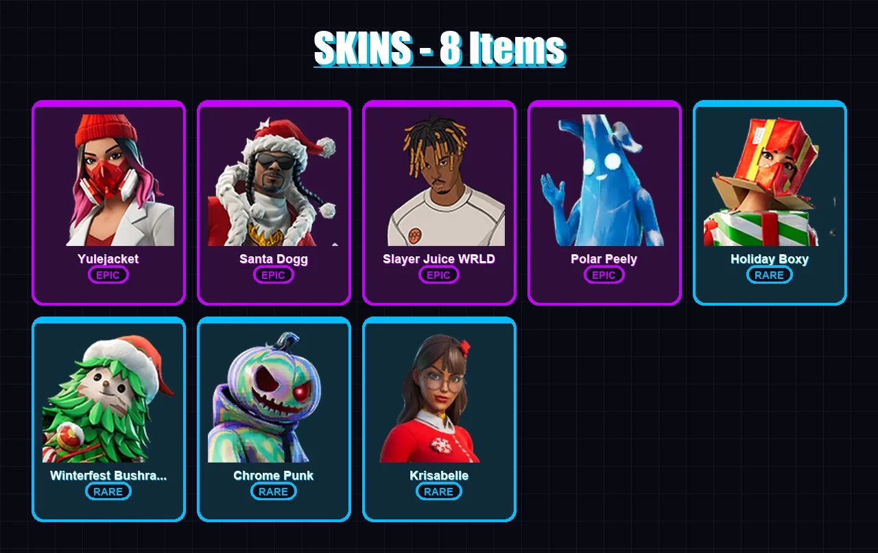 [SWITCH/XBOX/PSN/PC] | Yulejacket | Santa Dogg | Slayer Juice WRLD | Polar Peely | Holiday Boxy | 8 skin | 26 pickaxe | 16 emote | 26 glider | Lv468
