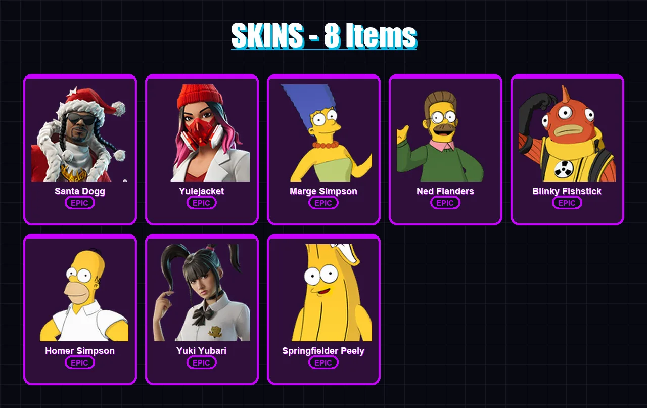 [PC/XBOX/PSN] | Santa Dogg | Yulejacket | Marge Simpson | Ned Flanders | Blinky Fishstick | 8 skin | 23 pickaxe | 13 emote | 16 glider | Lv276