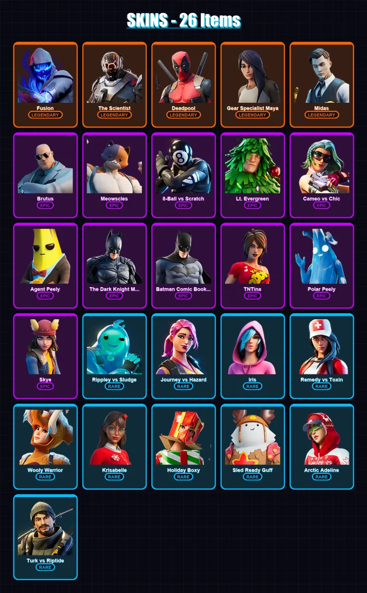 [SWITCH/XBOX/PSN/PC] | Fusion | The Scientist | Deadpool | Gear Specialist Maya | Midas | 26 skin | 35 pickaxe | 41 emote | 34 glider | Lv555