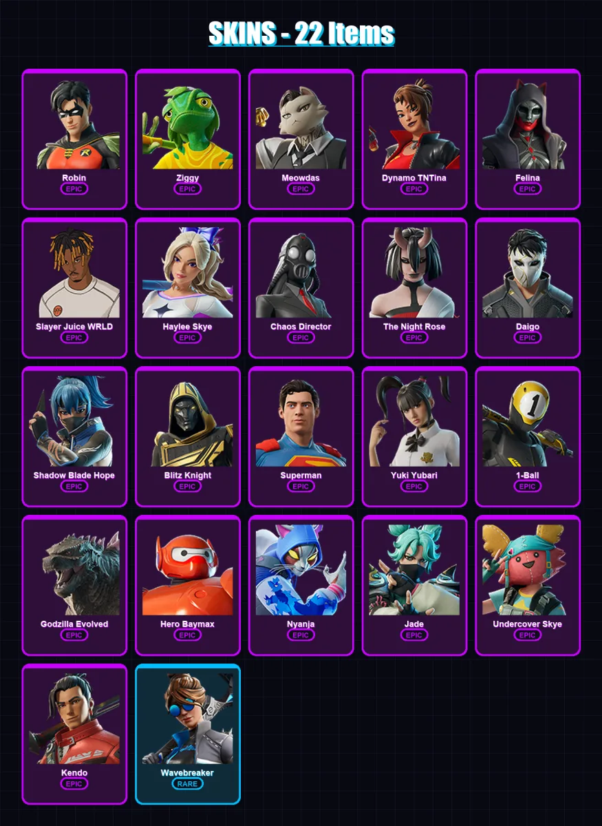 [PC/XBOX] | Robin | Ziggy | Meowdas | Dynamo TNTina | Felina | 22 skin | 57 pickaxe | 30 emote | 35 glider | Lv391 — Fortnite account