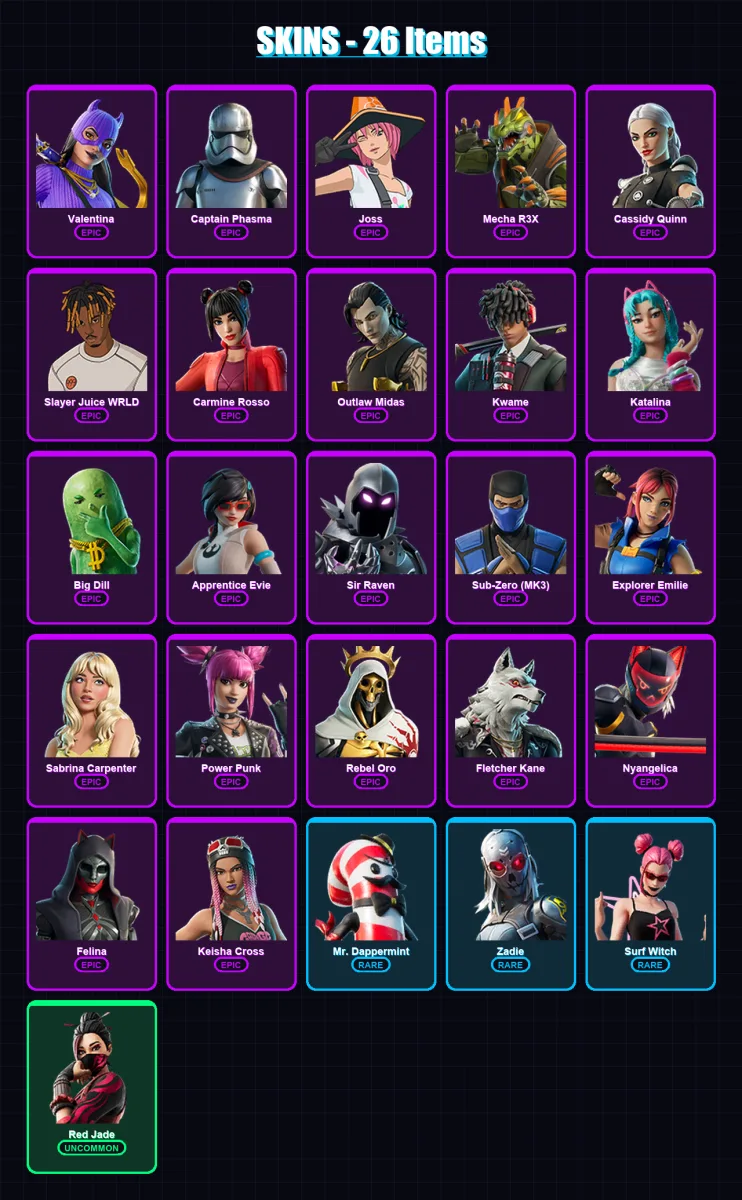 [PS4/PS5/PC] | Valentina | Captain Phasma | Joss | Mecha R3X | Cassidy Quinn | 26 skin | 51 pickaxe | 32 emote | 28 glider | Lv471