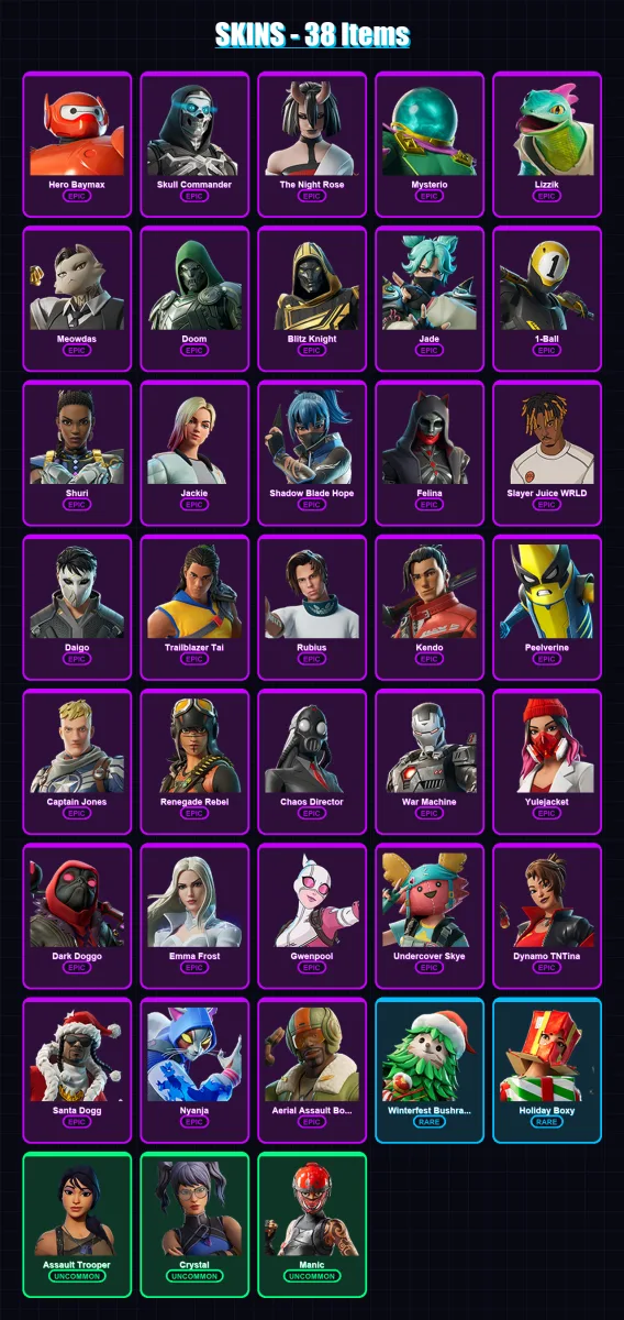 [PS4/PS5/XBOX/PC] | Hero Baymax | Skull Commander | The Night Rose | Mysterio | Lizzik | 38 skin | 70 pickaxe | 39 emote | 49 glider | Lv894 — Fortnite account