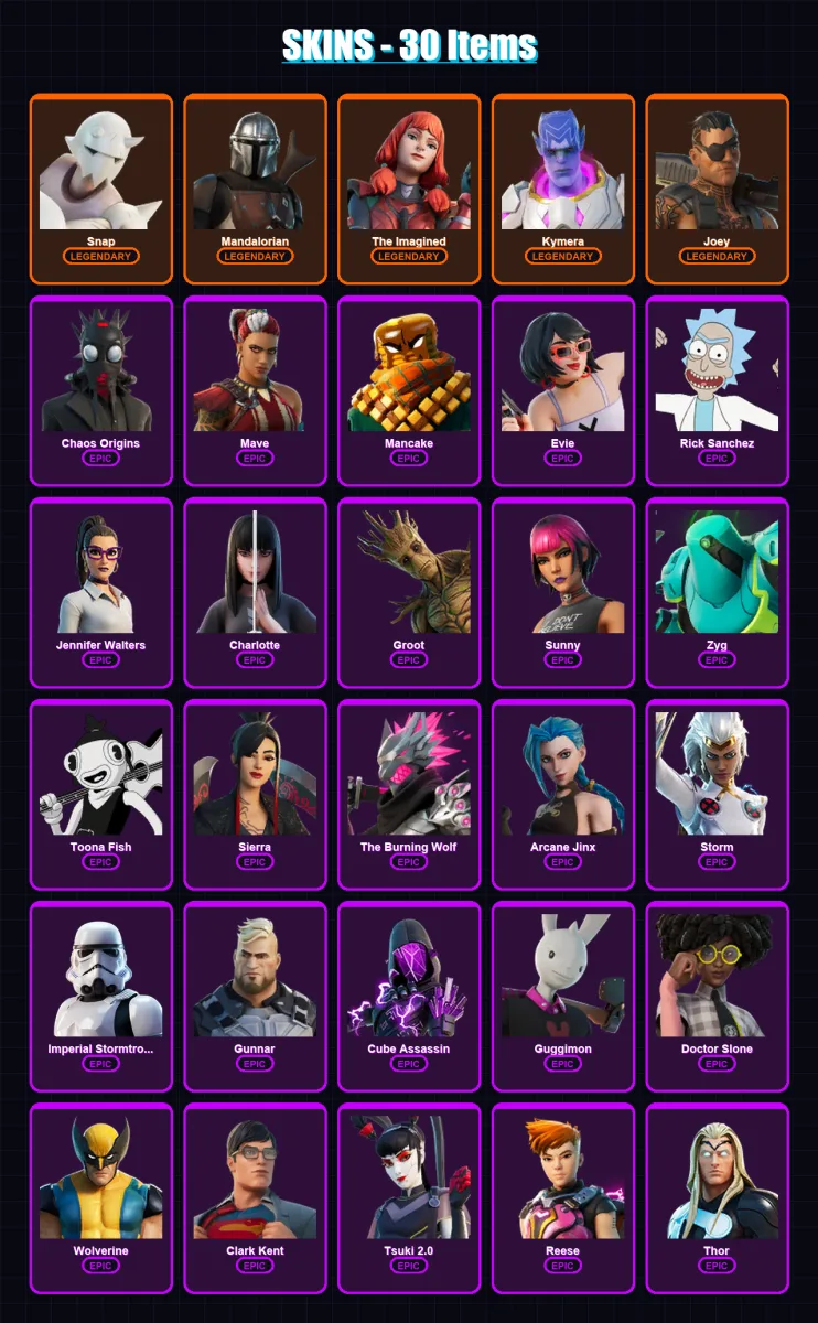 [PC/XBOX/PSN] | Snap | Mandalorian | The Imagined | Kymera | Joey | 30 skin | 31 pickaxe | 23 emote | 32 glider | Lv385