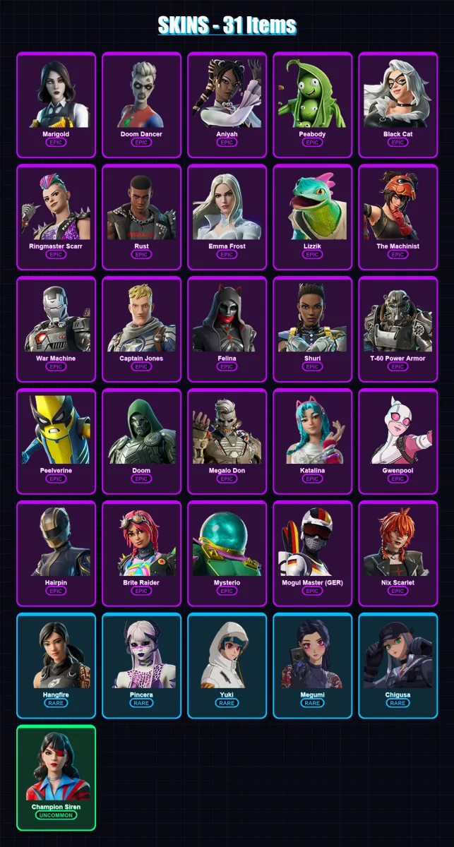 [PC/XBOX/PSN] | Marigold | Doom Dancer | Aniyah | Peabody | Black Cat | 31 skin | 33 pickaxe | 20 emote | 22 glider | Lv435