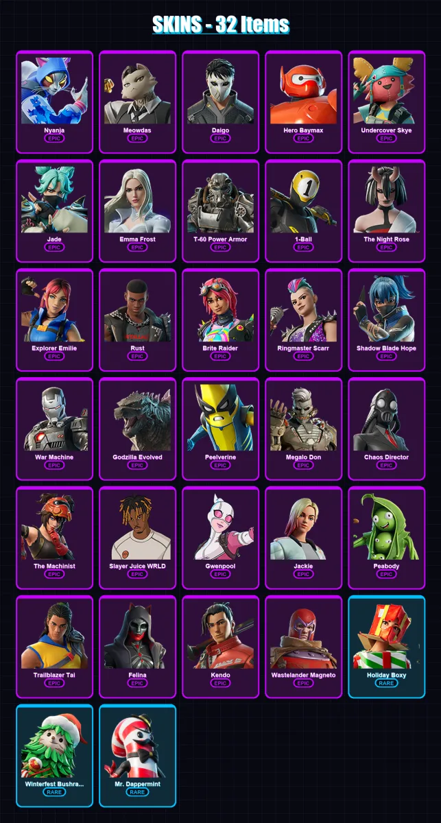 [PC/XBOX/PSN] | Nyanja | Meowdas | Daigo | Hero Baymax | Undercover Skye | 32 skin | 47 pickaxe | 32 emote | 35 glider | Lv540