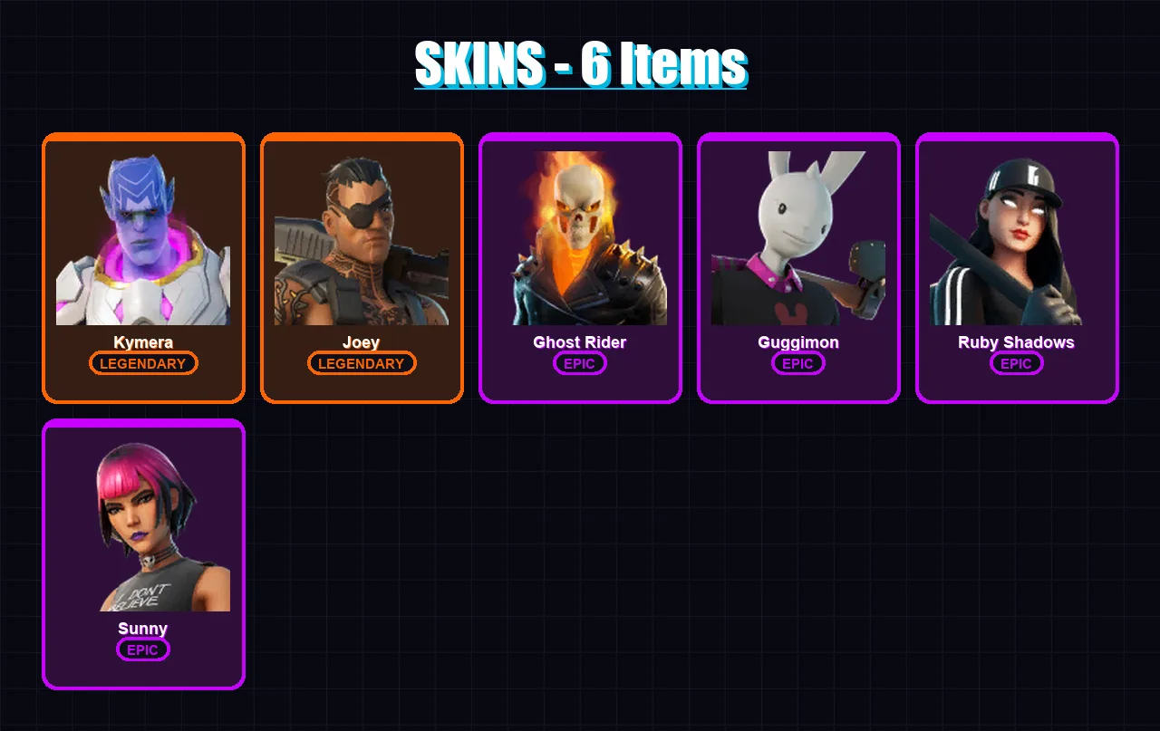 [PC/XBOX/PSN] | Kymera | Joey | Ghost Rider | Guggimon | Ruby Shadows | 6 skin | 5 pickaxe | 4 emote | 10 glider | Lv108