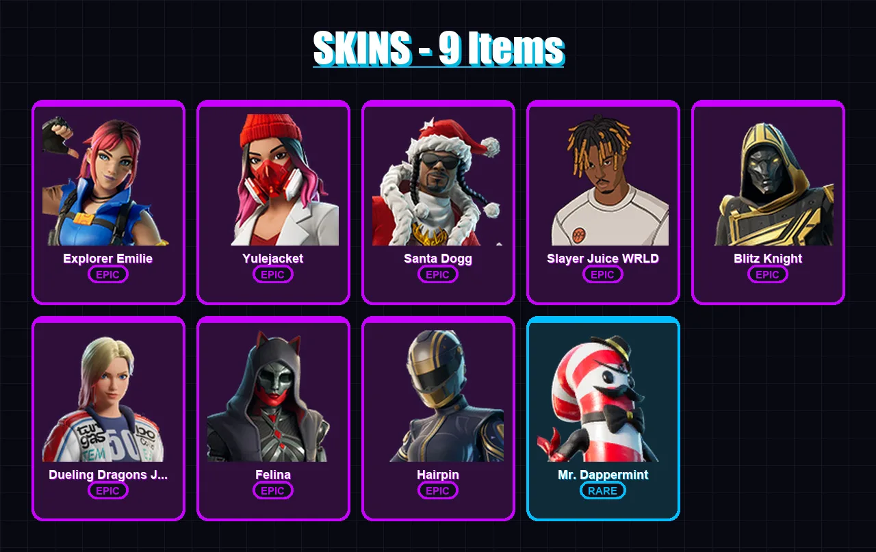 [PC/XBOX/PSN] | Explorer Emilie | Yulejacket | Santa Dogg | Slayer Juice WRLD | Blitz Knight | 9 skin | 42 pickaxe | 15 emote | 22 glider | Lv373
