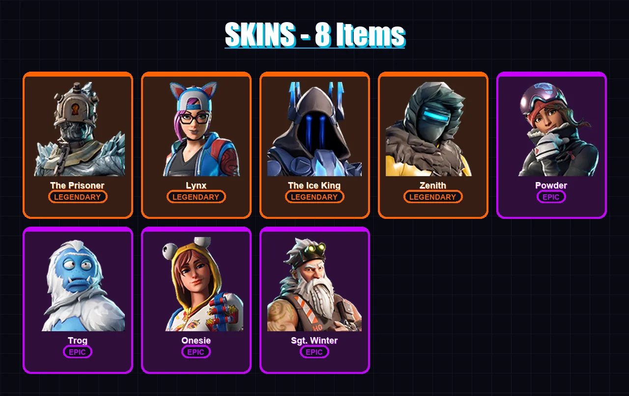 [PC/PSN] | The Prisoner | Lynx | The Ice King | Zenith | Powder | 8 skin | 6 pickaxe | 12 emote | 8 glider | Lv103