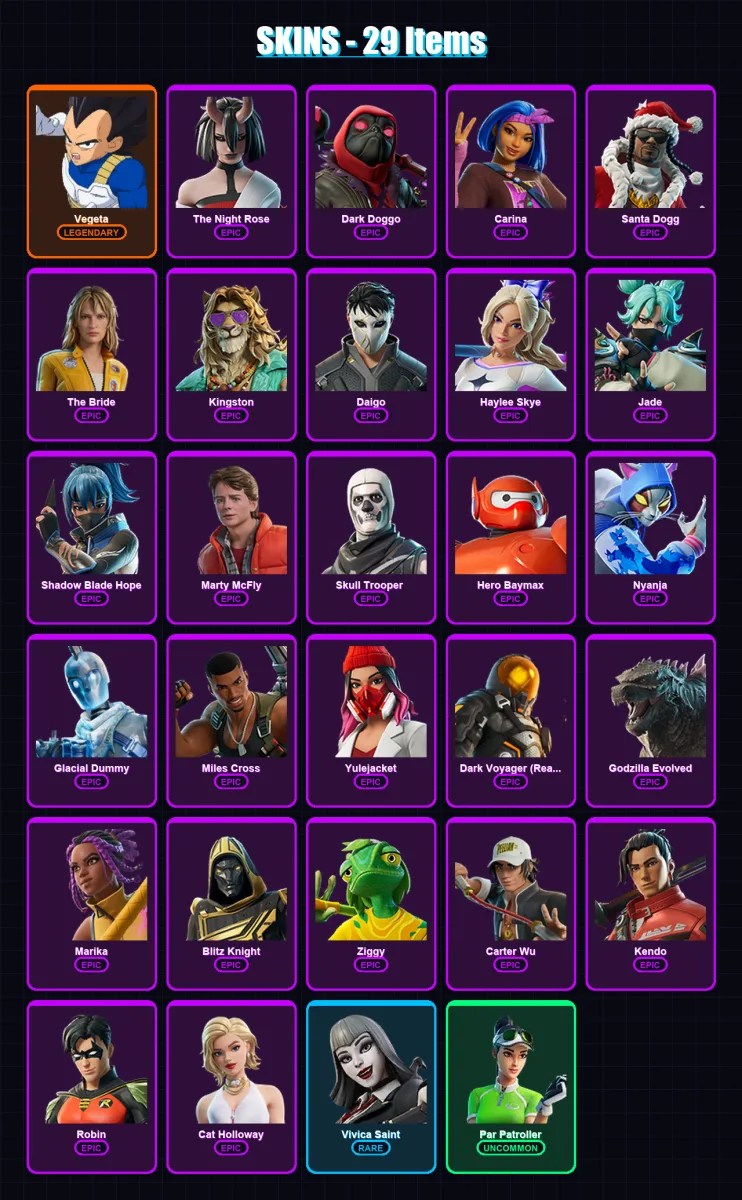 [PC/XBOX/PSN] | Vegeta | The Night Rose | Dark Doggo | Carina | Santa Dogg | 29 skin | 53 pickaxe | 30 emote | 33 glider | Lv397 — Game account