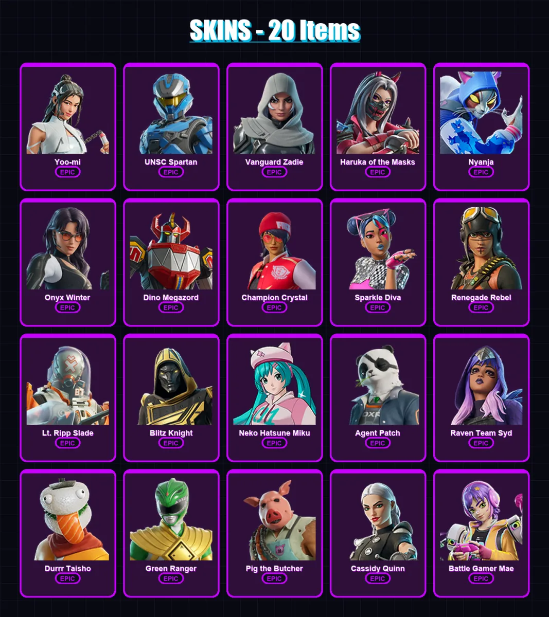 [PC/XBOX/PSN] | Yoo-mi | UNSC Spartan | Vanguard Zadie | Haruka of the Masks | Nyanja | 20 skin | 64 pickaxe | 30 emote | 34 glider | Lv670