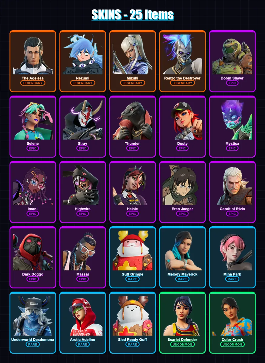 [PC/XBOX/PSN] | The Ageless | Nezumi | Mizuki | Renzo the Destroyer | Doom Slayer | 25 skin | 29 pickaxe | 24 emote | 26 glider | Lv319