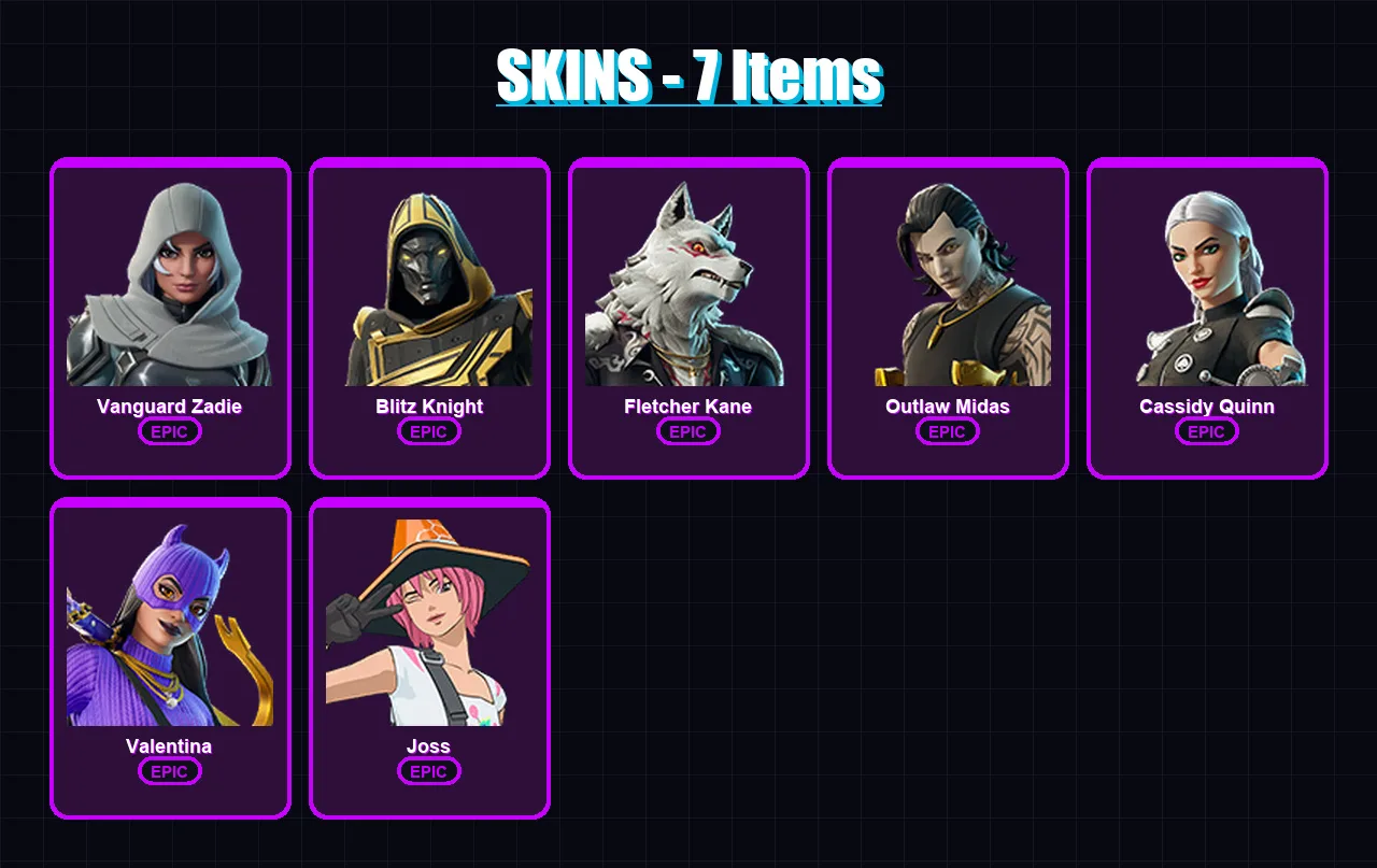 [PC/PSN] | Vanguard Zadie | Blitz Knight | Fletcher Kane | Outlaw Midas | Cassidy Quinn | 7 skin | 27 pickaxe | 16 emote | 20 glider | Lv268