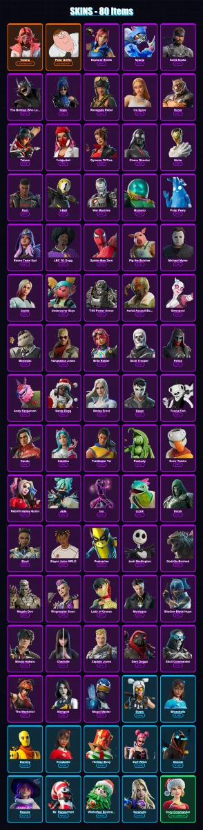 [PC/XBOX/PSN] | Valeria | Peter Griffin | Explorer Emilie | Nyanja | Solid Snake | 80 skin | 121 pickaxe | 75 emote | 80 glider | Lv1382