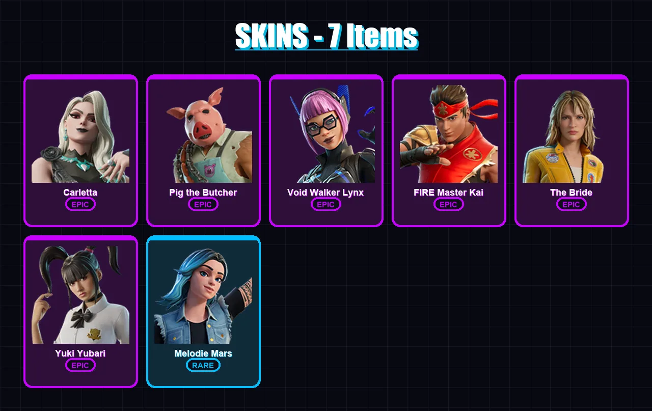 [PC/PSN] | Carletta | Pig the Butcher | Void Walker Lynx | FIRE Master Kai | The Bride | 7 skin | 17 pickaxe | 7 emote | 9 glider | Lv103