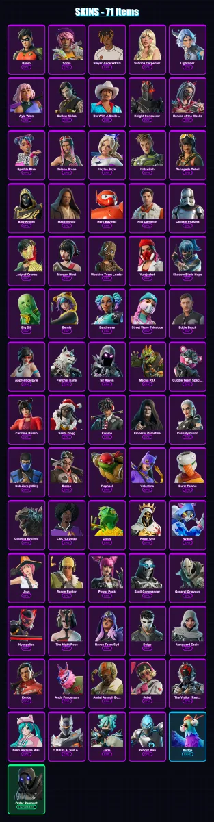 [PC/XBOX/PSN] | Robin | Sonia | Slayer Juice WRLD | Sabrina Carpenter | Lightrider | 71 skin | 91 pickaxe | 63 emote | 50 glider | Lv784 — Fortnite account