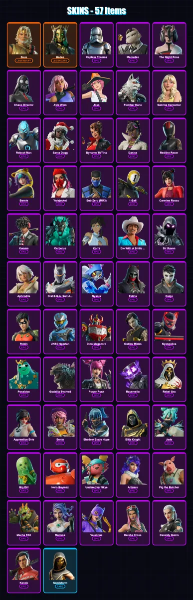 [PC/PSN] | Zeus | Hades | Captain Phasma | Meowdas | The Night Rose | 57 skin | 83 pickaxe | 66 emote | 56 glider | Lv891