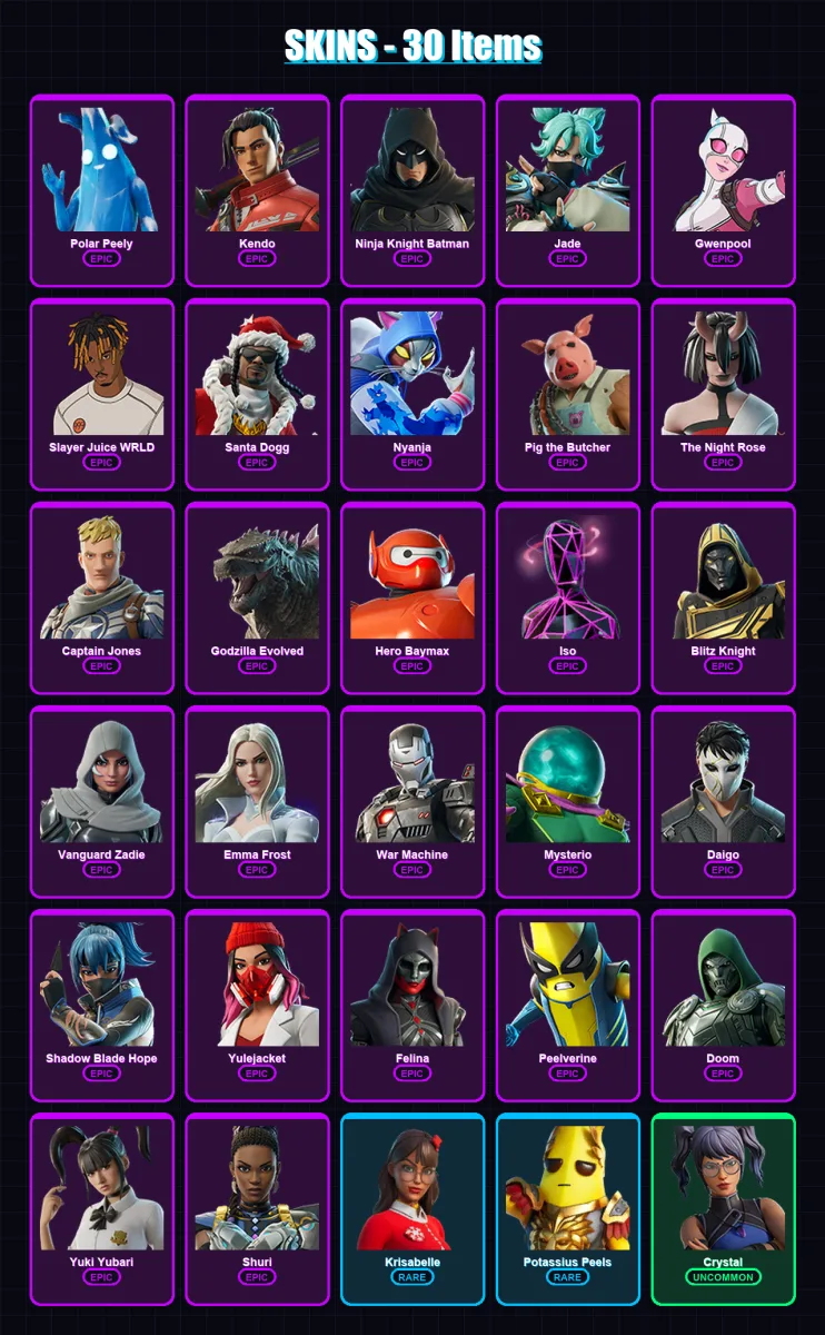 [PC/PSN] | Polar Peely | Kendo | Ninja Knight Batman | Jade | Gwenpool | 30 skin | 115 pickaxe | 59 emote | 69 glider | Lv1383