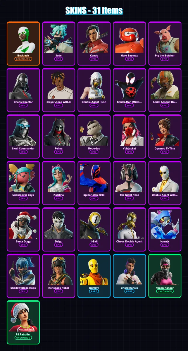 [PC/XBOX/PSN] | Backlash | Jade | Kendo | Hero Baymax | Pig the Butcher | 31 skin | 53 pickaxe | 37 emote | 36 glider | Lv592
