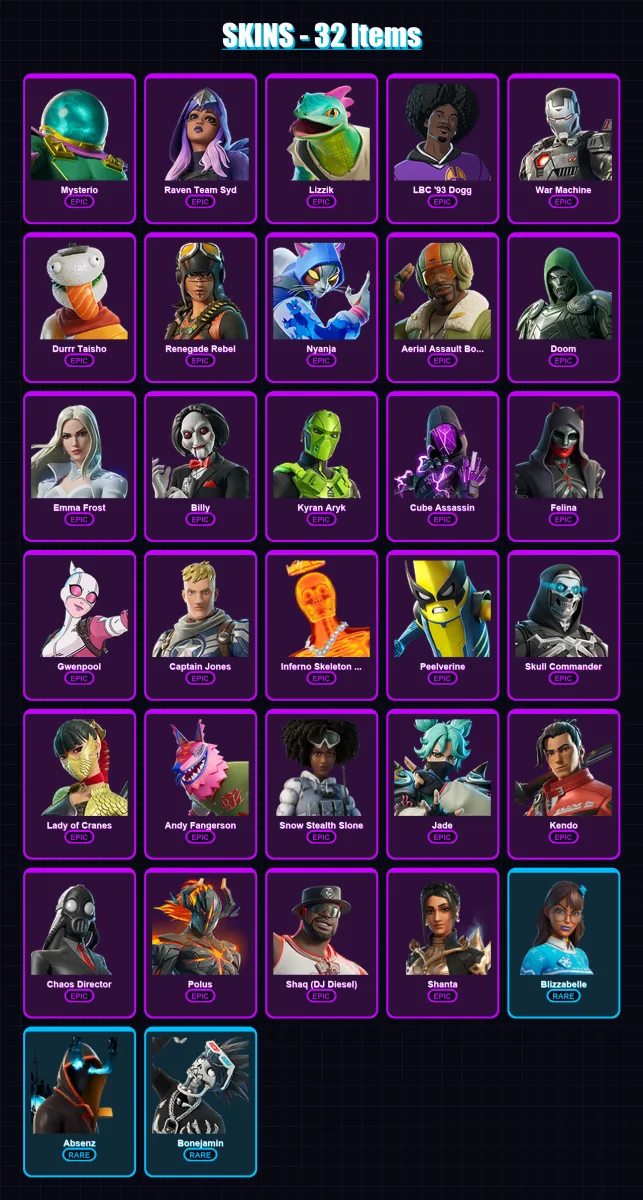 [PC/XBOX/PSN] | Mysterio | Raven Team Syd | Lizzik | LBC '93 Dogg | War Machine | 32 skin | 42 pickaxe | 25 emote | 23 glider | Lv172