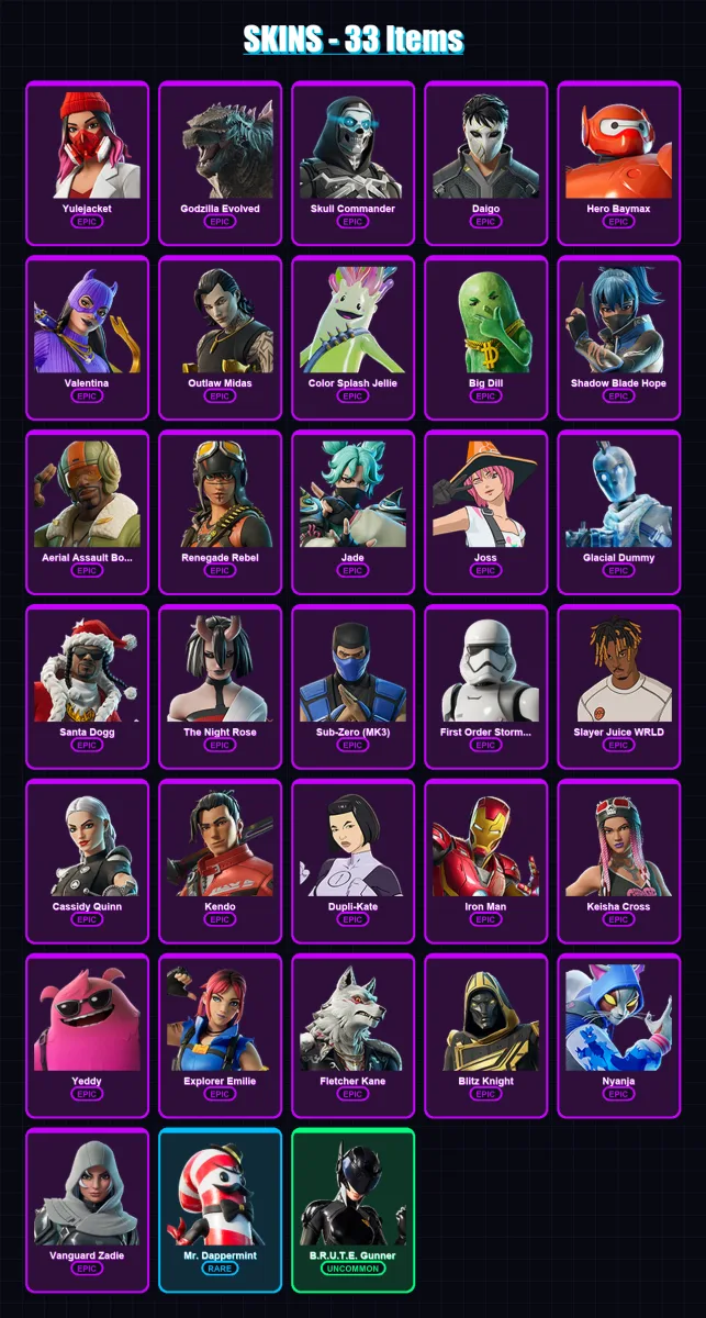 [PC/PSN] | Yulejacket | Godzilla Evolved | Skull Commander | Daigo | Hero Baymax | 33 skin | 87 pickaxe | 51 emote | 60 glider | Lv1234