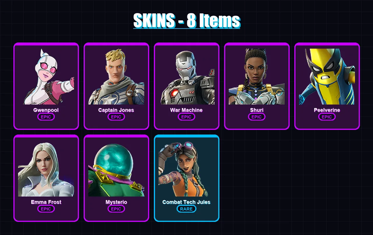 [PC/XBOX] | Gwenpool | Captain Jones | War Machine | Shuri | Peelverine | 8 skin | 21 pickaxe | 12 emote | 20 glider | Lv323