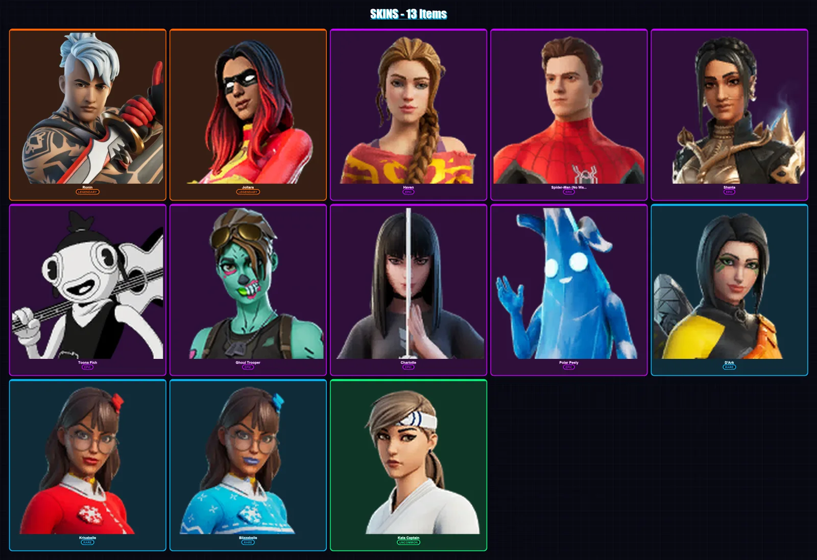 [PC/XBOX] | Ronin | Joltara | Haven | Spider-Man (No Way Home) | Shanta | 13 skin | 30 pickaxe | 23 emote | 25 glider | Lv461