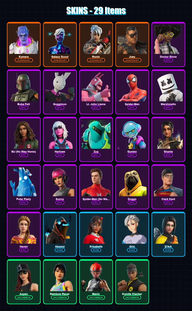 [PS4/PS5/XBOX/PC] | Kymera | Galaxy Scout | Ronin | Joey | Doctor Slone | 29 skin | 26 pickaxe | 21 emote | 21 glider | Lv405