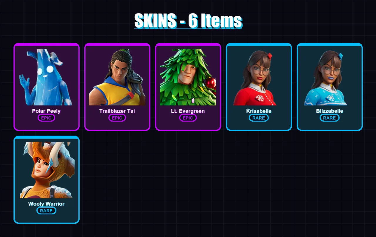 [PC/XBOX/PSN] | Polar Peely | Trailblazer Tai | Lt. Evergreen | Krisabelle | Blizzabelle | 6 skin | 15 pickaxe | 15 emote | 15 glider | Lv264