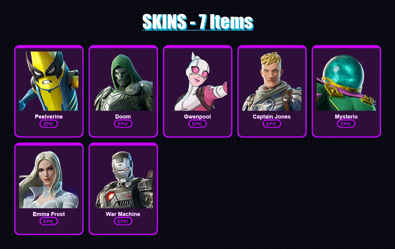 [PC/XBOX/PSN] | Peelverine | Doom | Gwenpool | Captain Jones | Mysterio | 7 skin | 9 pickaxe | 12 emote | 10 glider | Lv94
