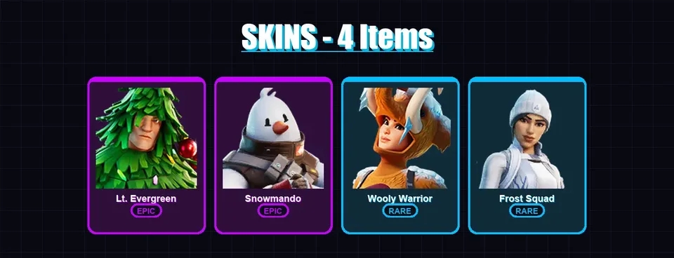 [PC/XBOX/PSN] | Lt. Evergreen | Snowmando | Wooly Warrior | Frost Squad | 4 skin | 12 pickaxe | 12 emote | 19 glider | Lv252 — main preview
