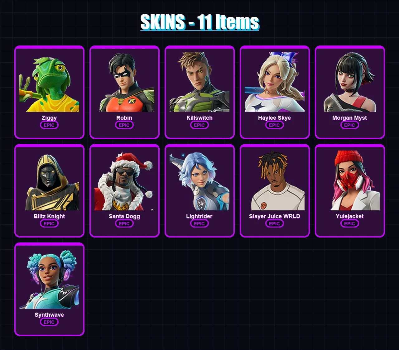 [PC/XBOX/PSN] | Ziggy | Robin | Killswitch | Haylee Skye | Morgan Myst | 11 skin | 49 pickaxe | 21 emote | 28 glider | Lv470