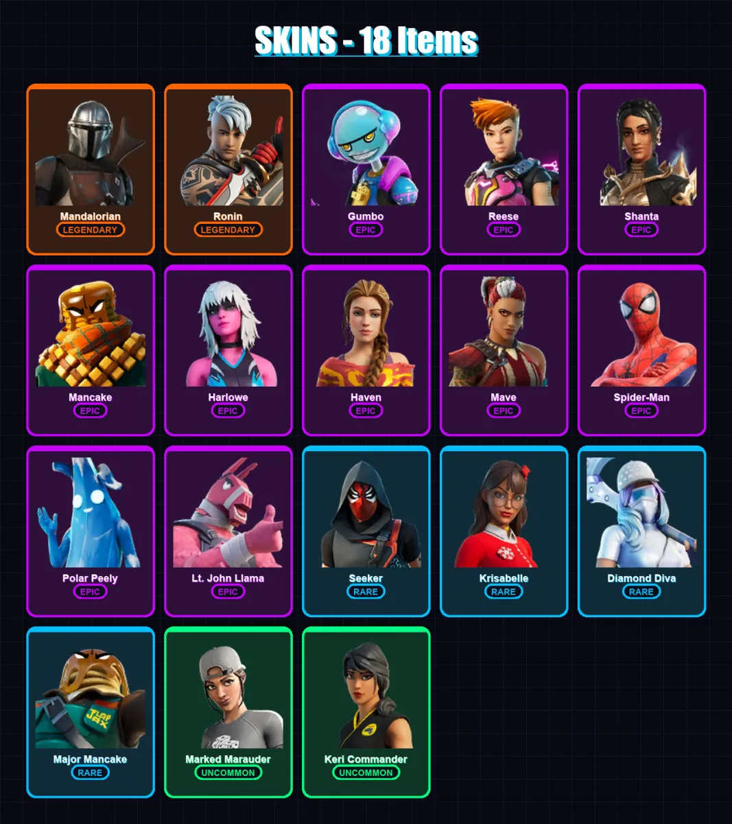 [PC] | Mandalorian | Ronin | Gumbo | Reese | Shanta | 18 skin | 24 pickaxe | 18 emote | 19 glider | Lv435