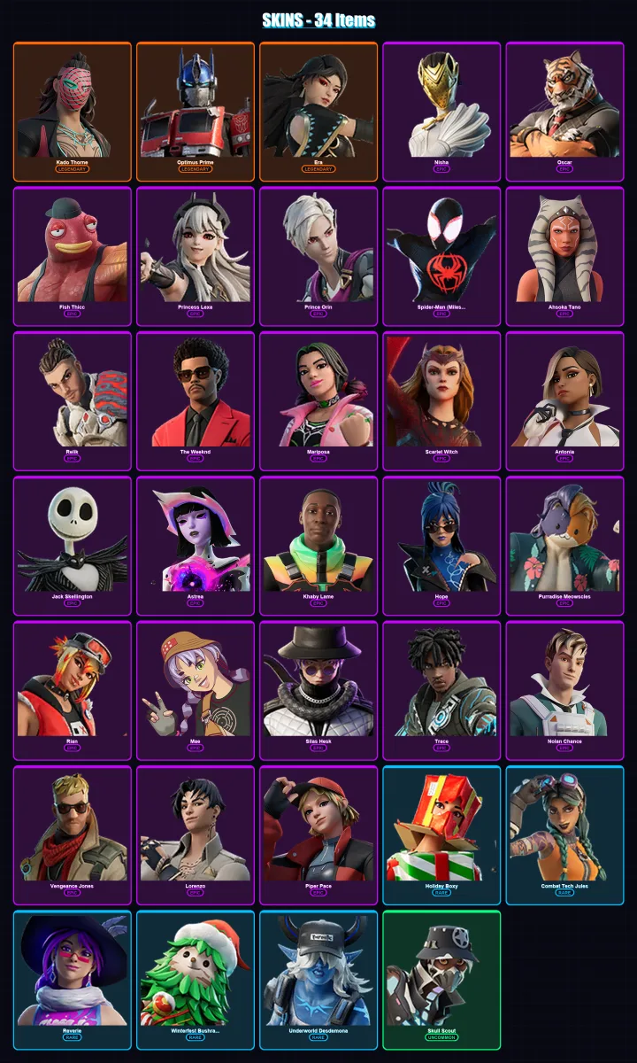 [PC/XBOX/PSN] | Kado Thorne | Optimus Prime | Era | Nisha | Oscar | 34 skin | 44 pickaxe | 28 emote | 24 glider | Lv404
