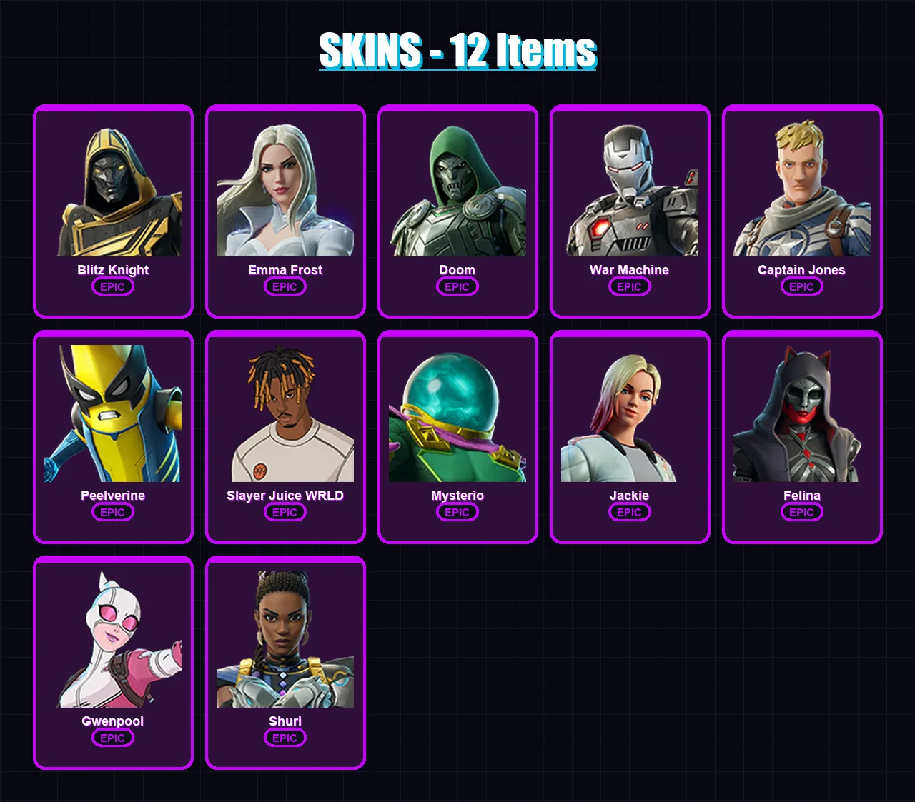 [PC/XBOX/PSN] | Blitz Knight | Emma Frost | Doom | War Machine | Captain Jones | 12 skin | 39 pickaxe | 25 emote | 27 glider | Lv585