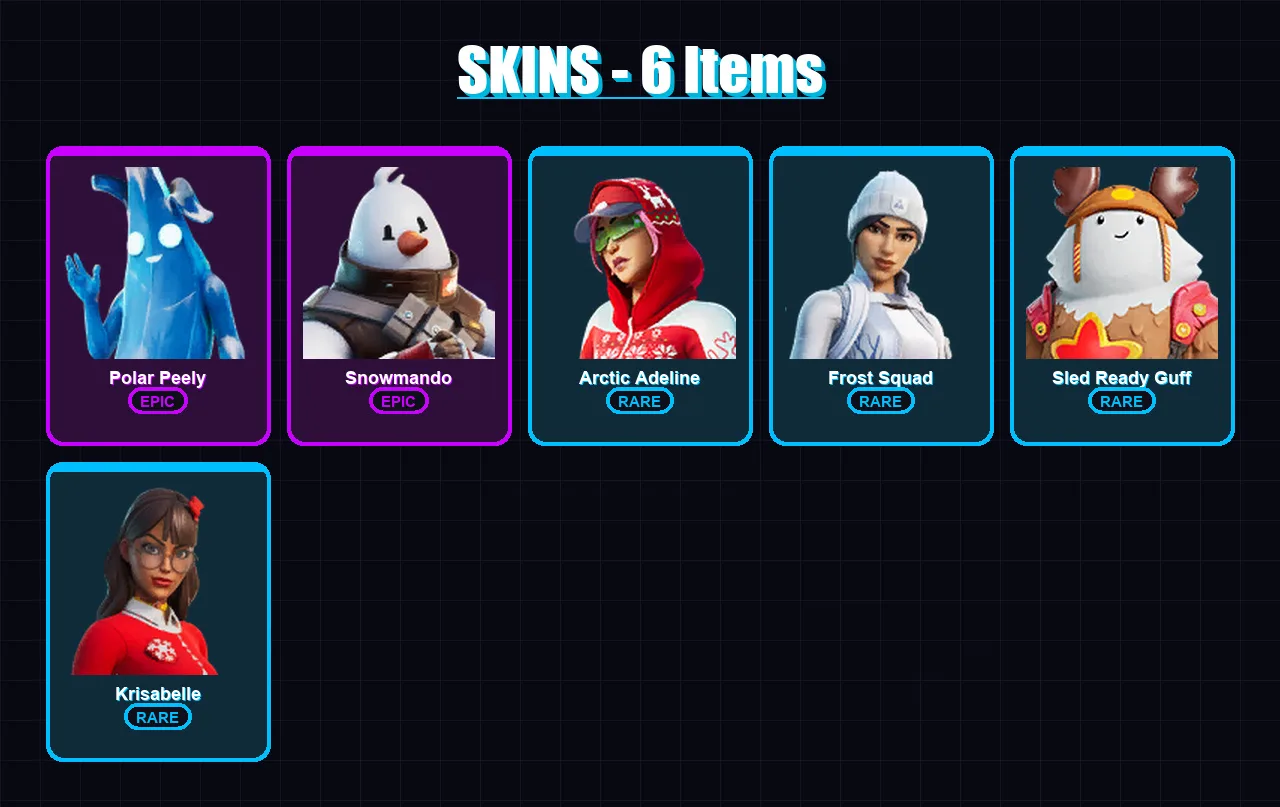 [SWITCH/PSN/PC] | Polar Peely | Snowmando | Arctic Adeline | Frost Squad | Sled Ready Guff | 6 skin | 15 pickaxe | 11 emote | 17 glider | Lv239