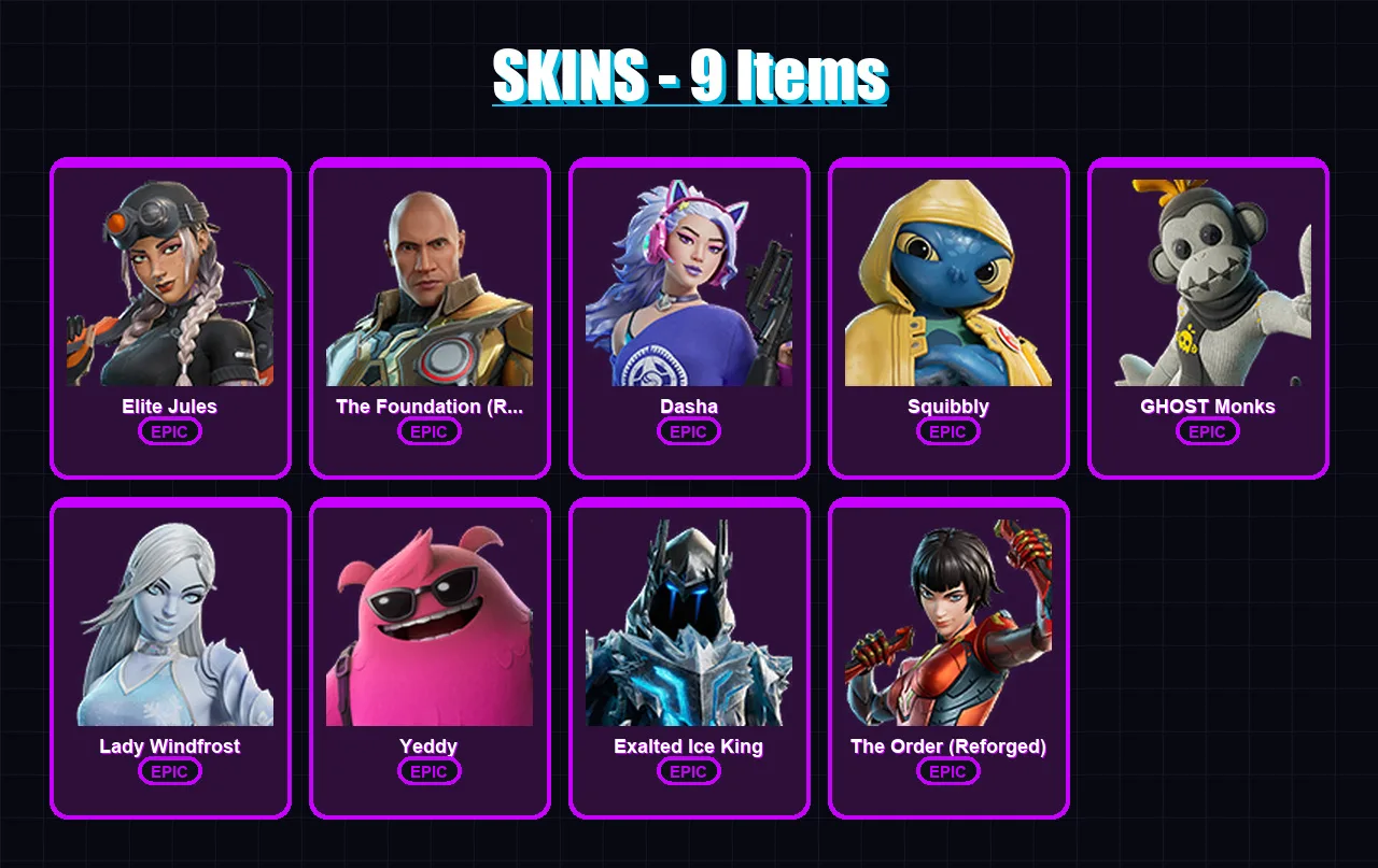 [PC/XBOX/PSN] | Elite Jules | The Foundation (Reforged) | Dasha | Squibbly | GHOST Monks | 9 skin | 18 pickaxe | 11 emote | 16 glider | Lv249