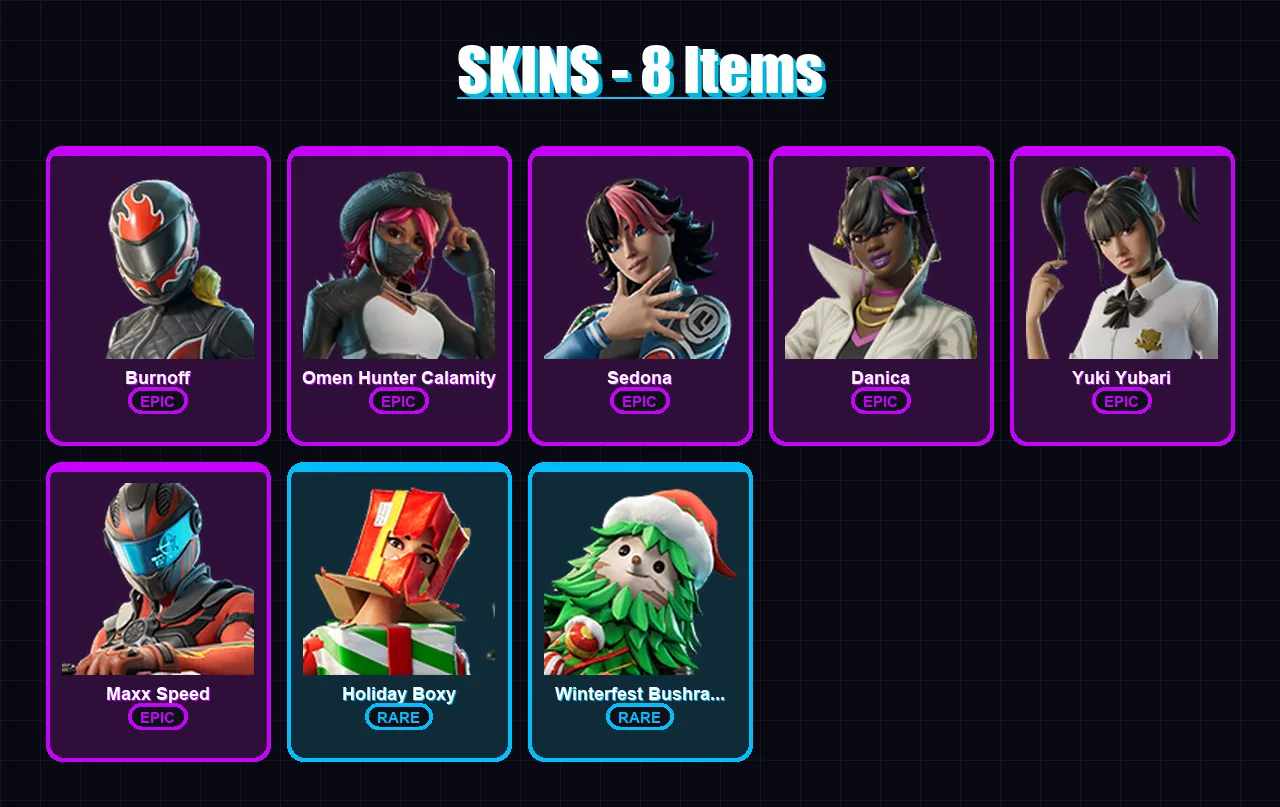 [PC/PSN] | Burnoff | Omen Hunter Calamity | Sedona | Danica | Yuki Yubari | 8 skin | 6 pickaxe | 2 emote | 4 glider | Lv19
