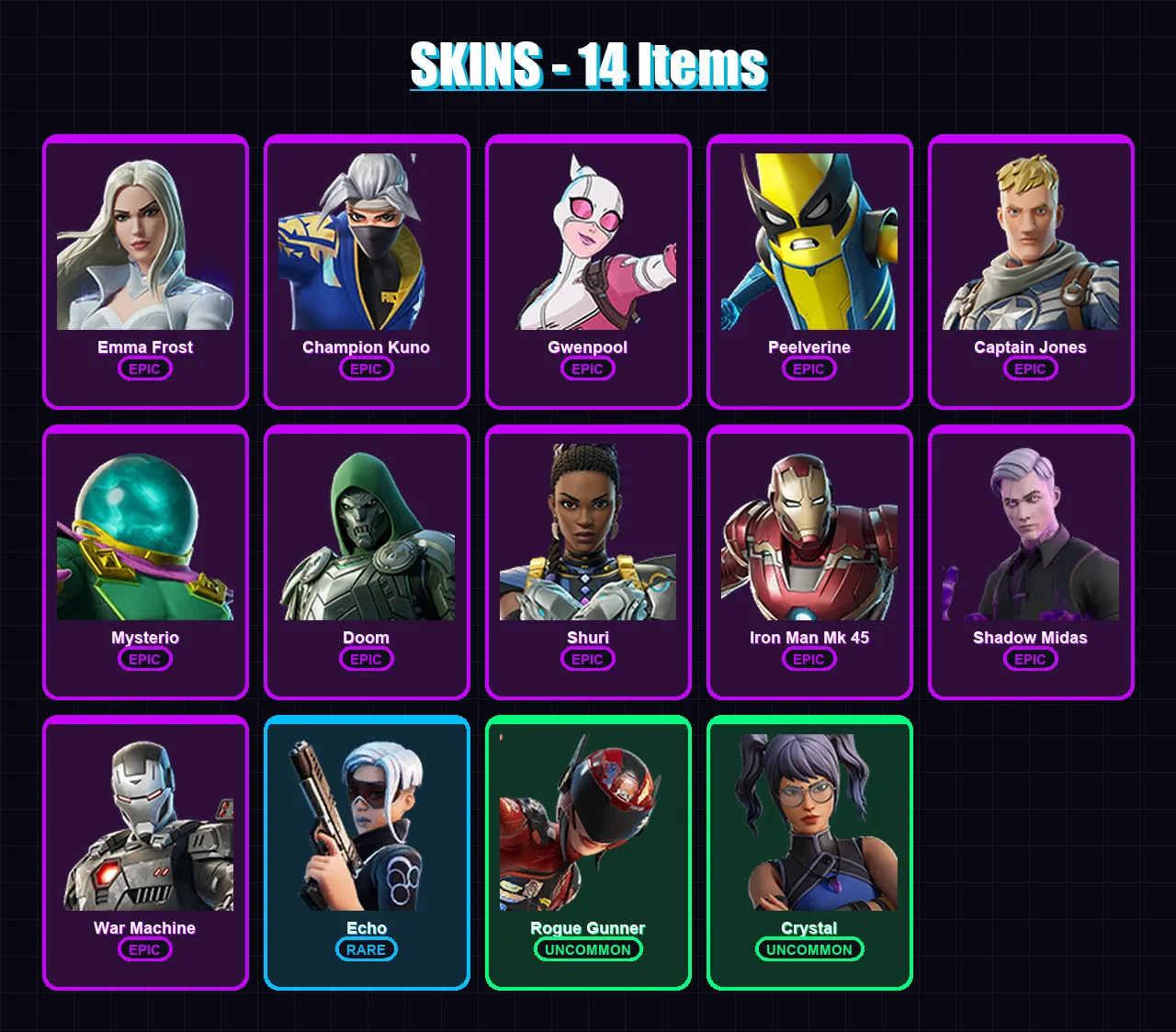 [PC/XBOX/PSN] | Emma Frost | Champion Kuno | Gwenpool | Peelverine | Captain Jones | 14 skin | 13 pickaxe | 14 emote | 10 glider | Lv131