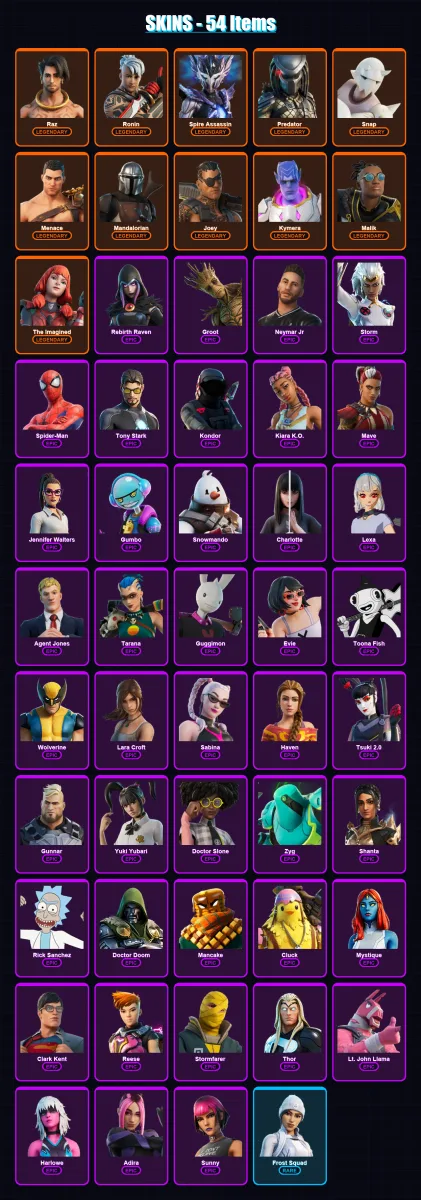 [PC/XBOX/PSN] | Raz | Ronin | Spire Assassin | Predator | Snap | 54 skin | 74 pickaxe | 49 emote | 76 glider | Lv1295