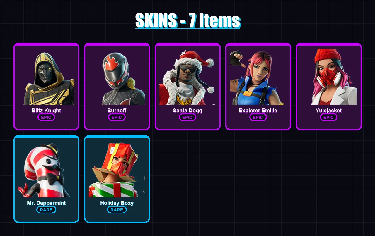 [PC/XBOX/PSN] | Blitz Knight | Burnoff | Santa Dogg | Explorer Emilie | Yulejacket | 7 skin | 40 pickaxe | 18 emote | 31 glider | Lv215