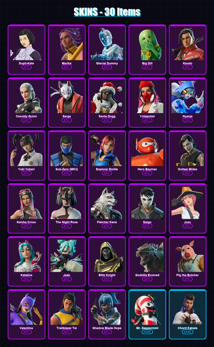 [PC/PSN] | Dupli-Kate | Marika | Glacial Dummy | Big Dill | Kendo | 30 skin | 62 pickaxe | 39 emote | 37 glider | Lv544